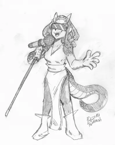 Pencil drawing. A Medusa is singing into a microphone with a large stand. She has a visor covering her eyes, and a pair of headphones that make a set of fangs over her head. Her snake hair is in the shape of a cobra hood. She has a snake tail in addition to two feet. Scales are on her shoulder and back of her feet. Square-ish boots and a dress of some sort. I would describe it better but I can't ID dresses.